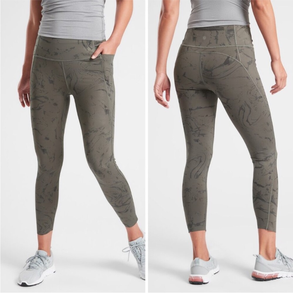 Athleta Velocity Stash Pocket Olive Army Green Marble Leggings XS